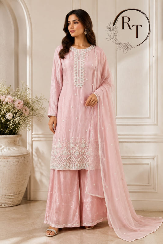 Blush Pink Chinon Embroidered Kurta Palazzo Set (RT 2005)