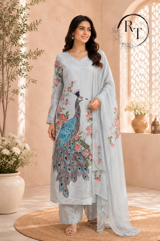 Peacock Bloom Chinon Kurta Set (RT 2009)
