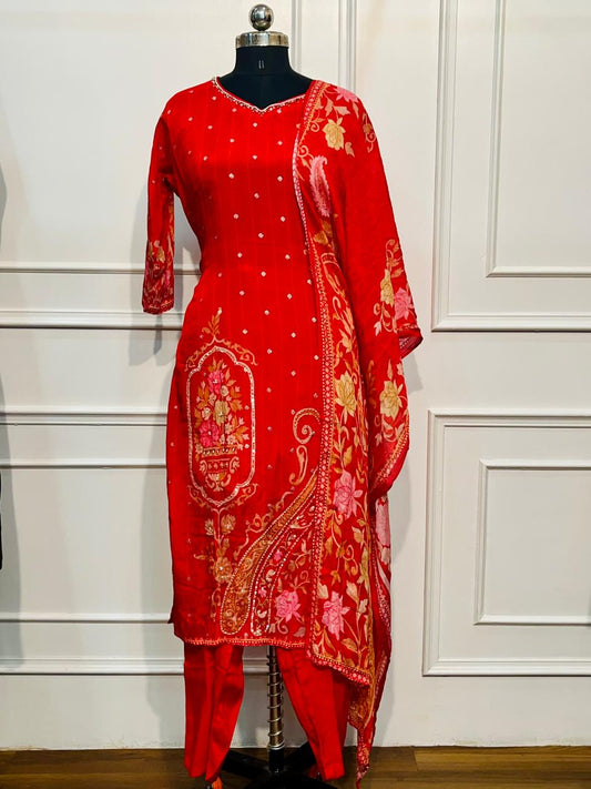 Royal Red Embroidered Chinon Straight Cut 3-Piece Set (RT2018)