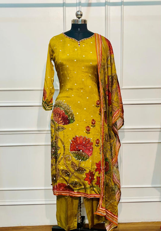 Mustard Floral Chinon Straight Cut 3-Piece Set (RT2019)