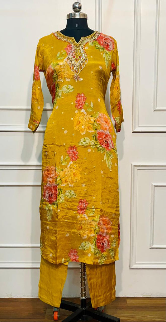 Golden Mustard Floral Chinon Straight Cut 3-Piece Set (RT2023)