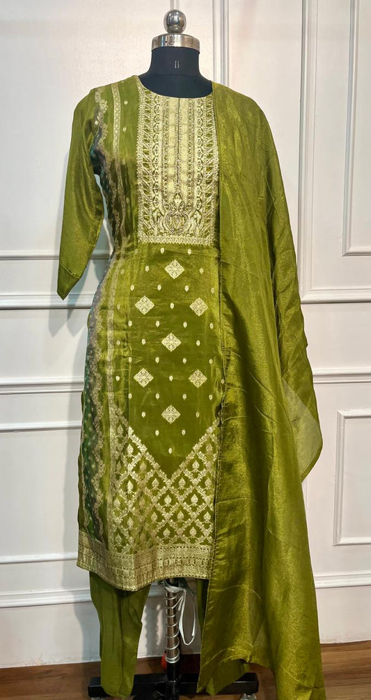 Olive Green Shimmer Straight Cut Suit Set (RT2011)