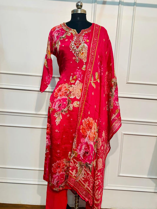 Rani Pink Floral Chinon Straight Cut 3-Piece Set (RT2022)