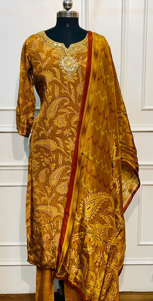 Mustard Gold Paisley Print Butter Crepe Suit Set (RT2025)