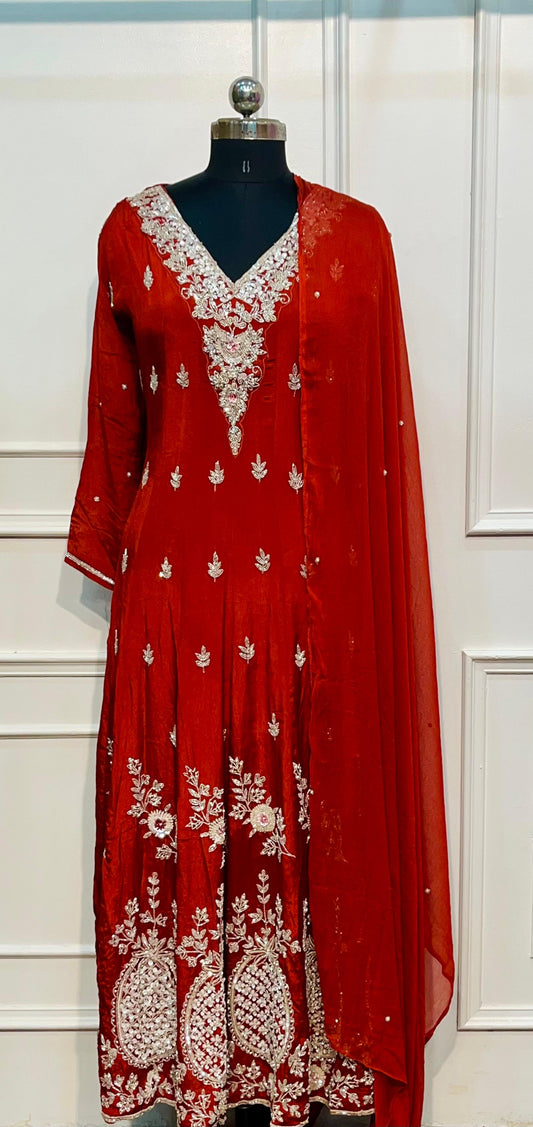 Royal Rust Elegance – Premium Chinon Anarkali Suit Set (RT1033)