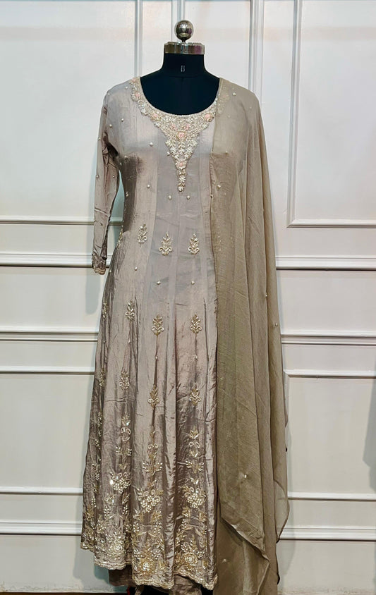 Ivory Pearl Chinon Embroidered Anarkali Suit Set (RT1036)