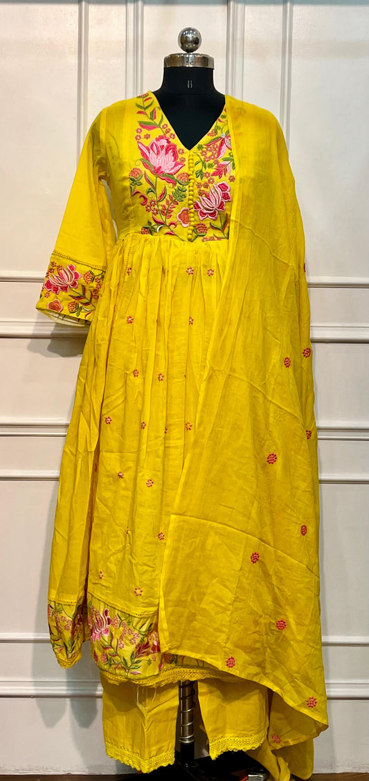 Sunlit Marigold Mull Cotton Anarkali Set (RT1065)