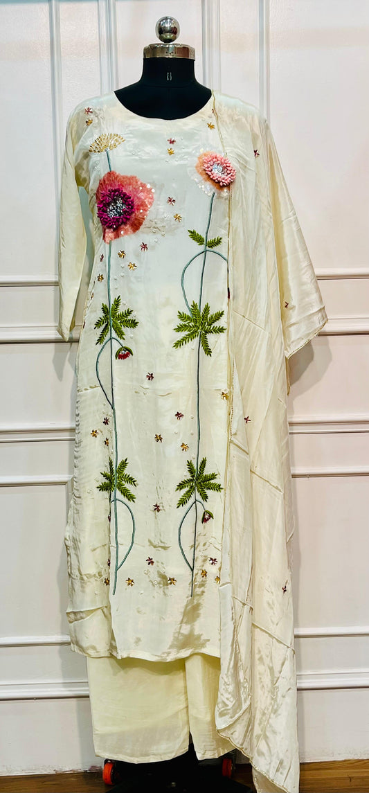 3D Floral Embroidered HO White Suit Set (RT1073)