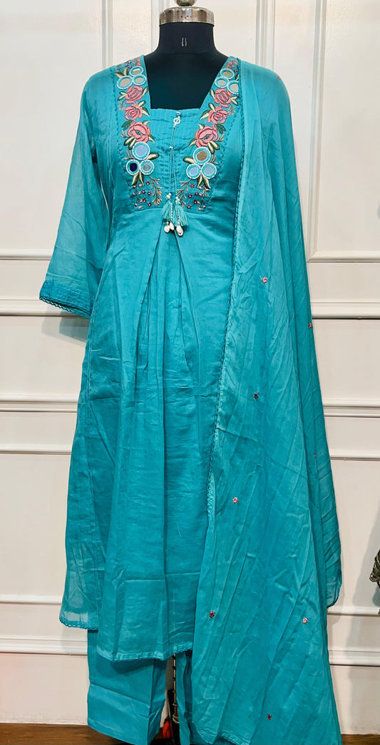 Turquoise Bloom Pure Mull Cotton Embroidered Suit Set (RT1074)