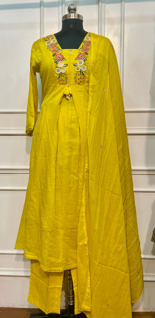 Sunflower Grace Pure Mull Cotton Embroidered Suit Set (RT1075)