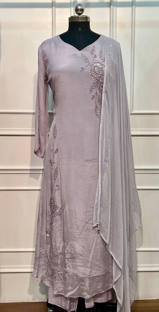 Silver Mist Chinon Embroidered A-Line Suit Set (RT2033)