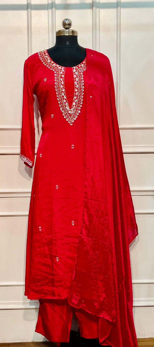 Red Blossom Chinon A-Line Anarkali Set (RT1088)