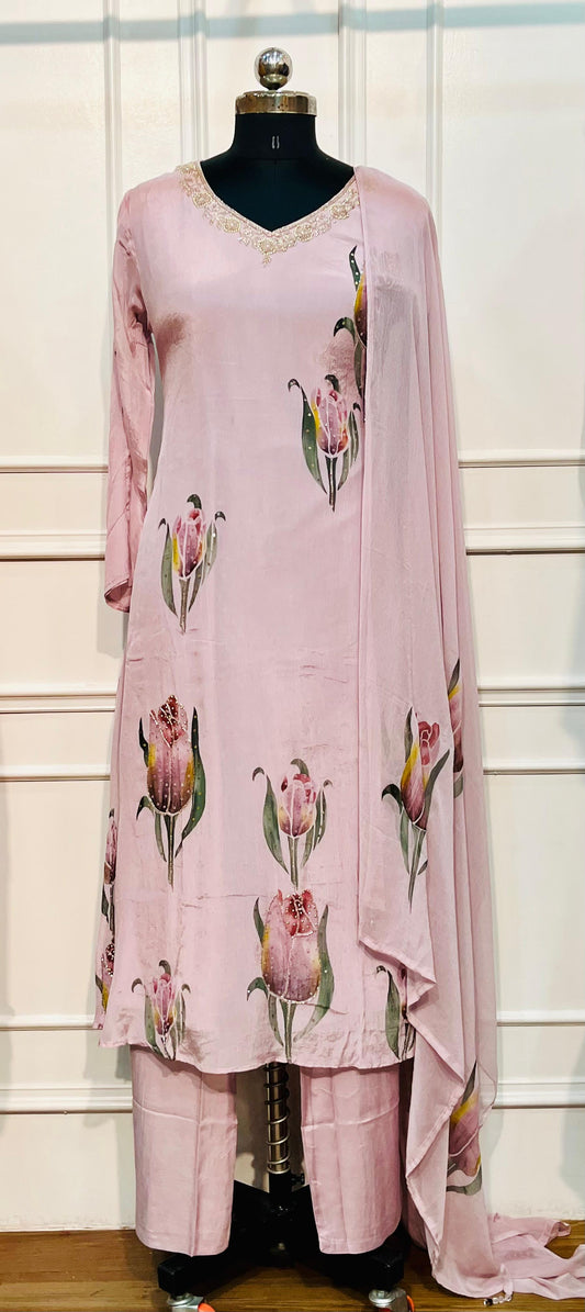 Blushing Tulip Serenade – Chinon Brush Paint A-Line Anarkali Set (RT1091)