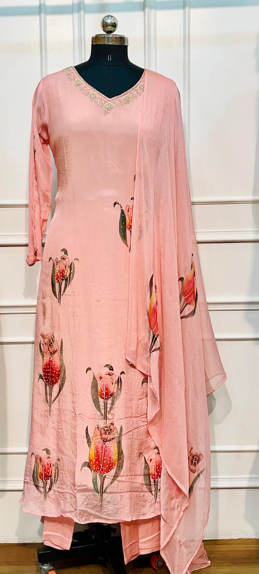 Sunlit Tulip Bloom – Chinon Brush Paint A-Line Anarkali Set (RT1092)