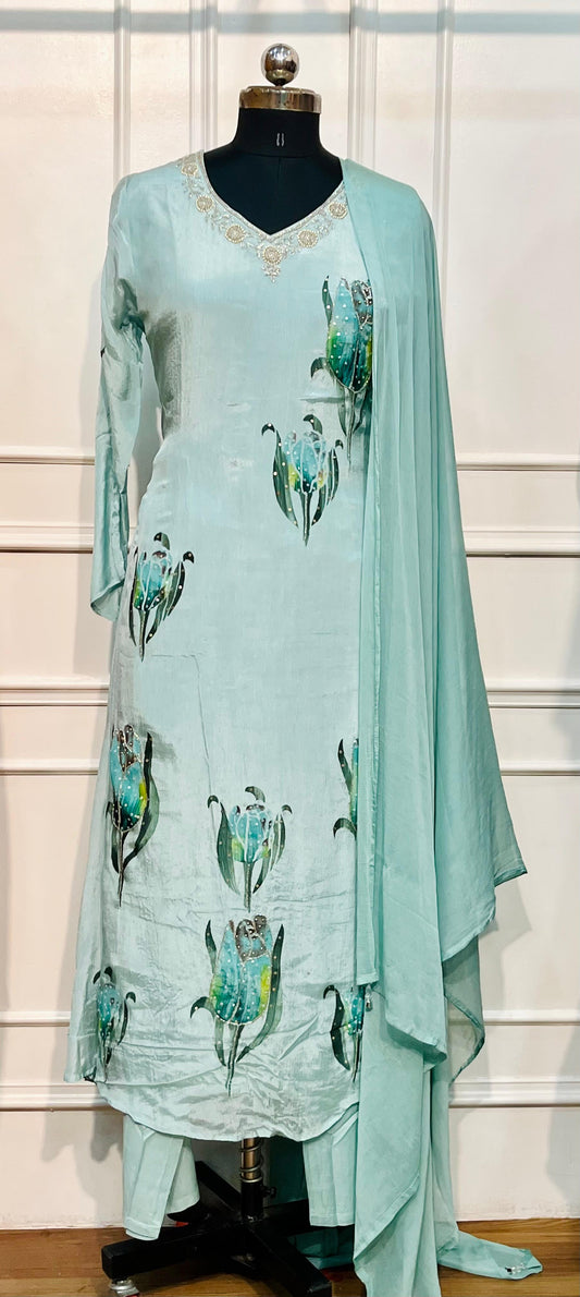 Azure Tulip Whisper – Chinon Brush Paint A-Line Anarkali Set (RT1090)