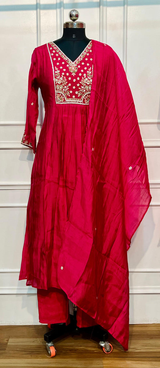 Pink Amora Poly Mull Chanderi Embroidered Anarkali Suit Set (RT1096)