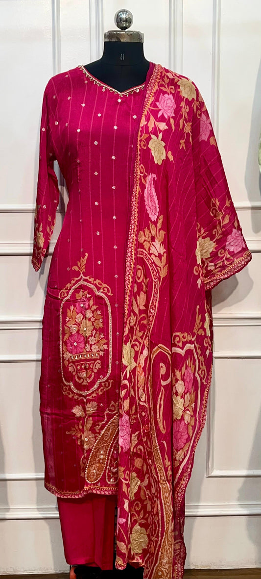 Deep Ruby Pink Chinon Printed Straight Cut Suit Set (RT1103)