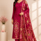 Deep Ruby Pink Chinon Printed Straight Cut Suit Set (RT1103)