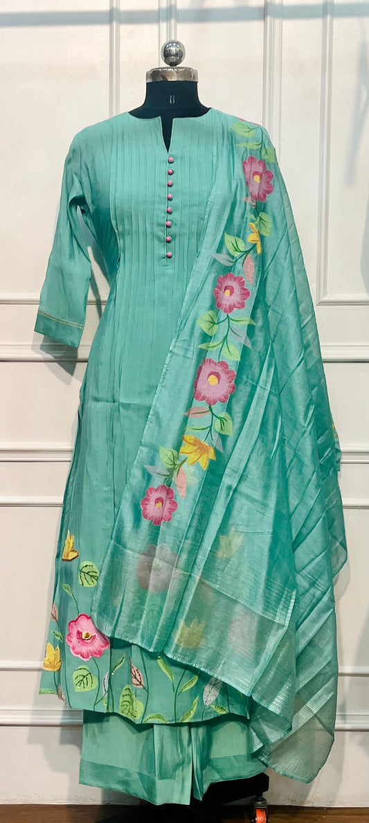Lagoon Bloom – Poly Mull Chanderi 3 Piece Suit Set (RT1120)