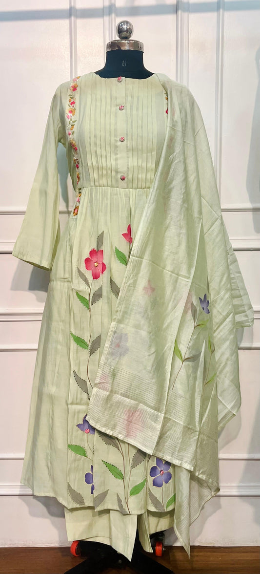 Celadon Bloom – Poly Mull Chanderi A-Line Suit Set (RT1116)