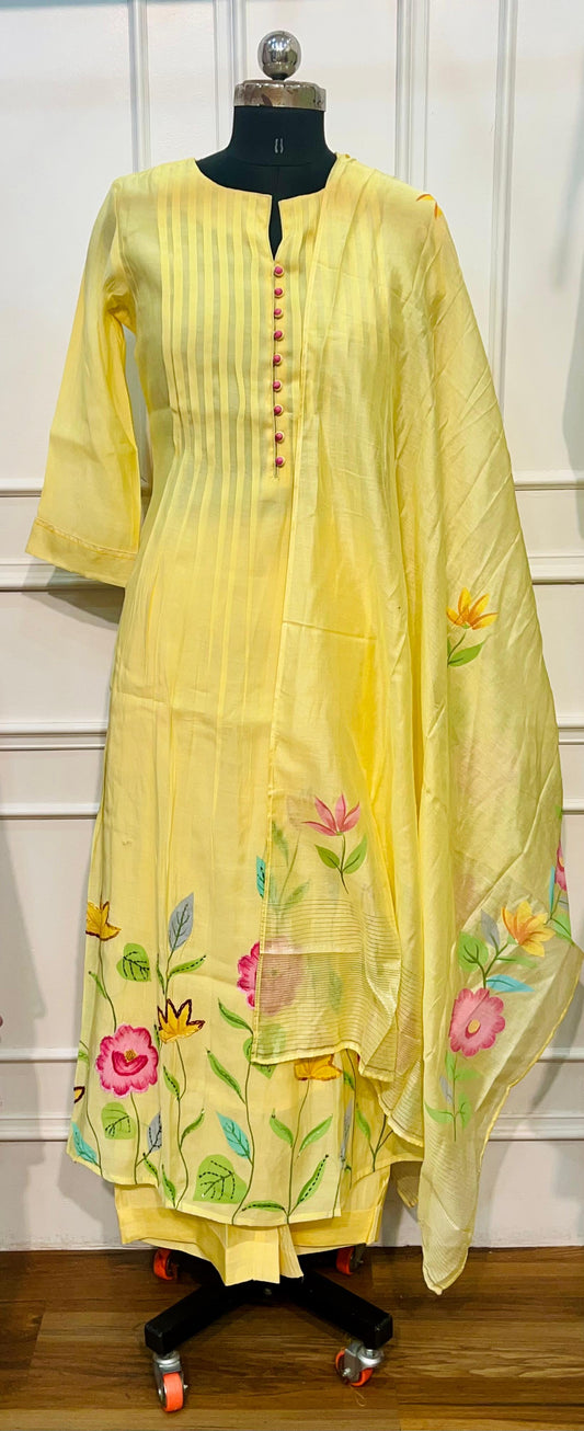 Lemon Petal – Poly Mull Chanderi 3 Piece Suit Set (RT1125)