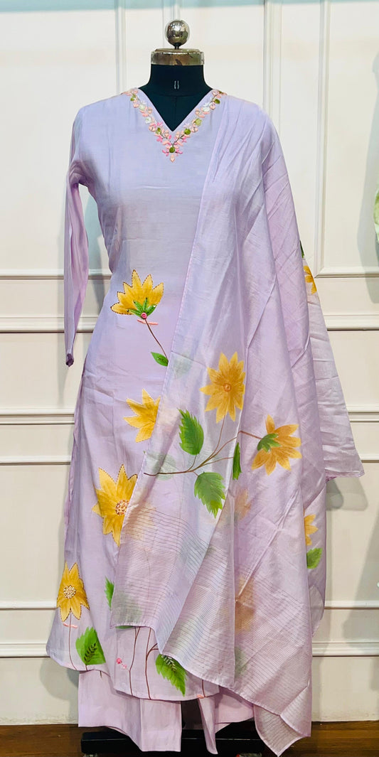 Lavender Flora – Poly Mull Chanderi 3 Piece Suit Set (RT1122)