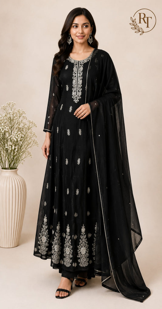 Black Empress – Premium Chinon Anarkali 3 Piece Suit Set (RT1128)