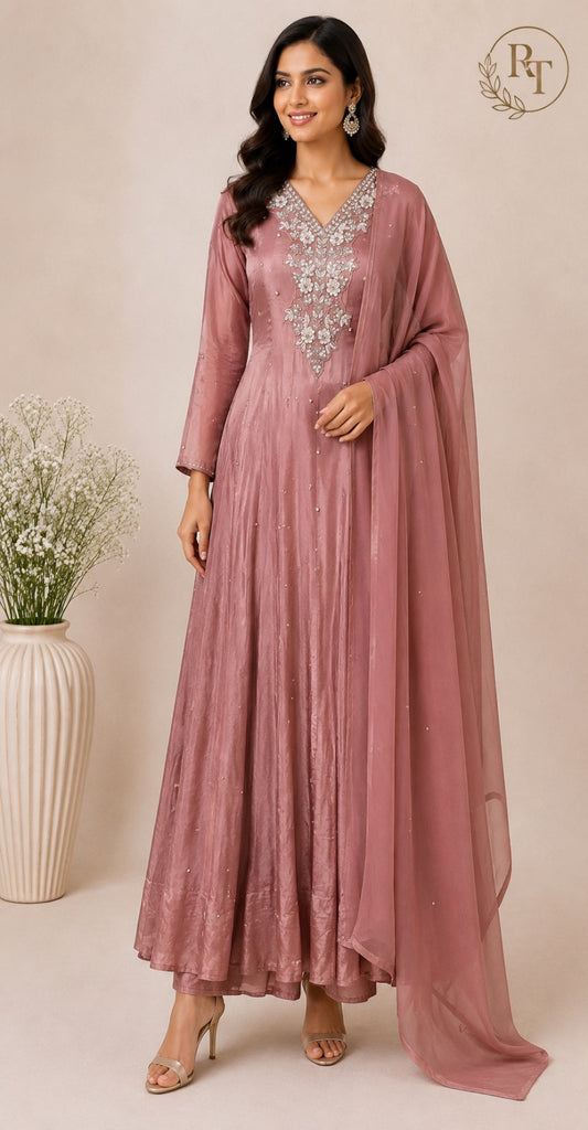 Dusty Rose Charm – Premium Chinon Anarkali 3 Piece Suit Set (RT1132)