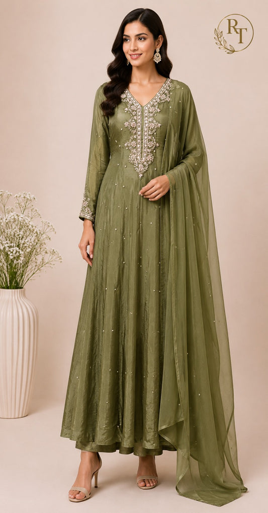 Olive Aura – Premium Chinon Anarkali 3 Piece Suit Set (RT1130)