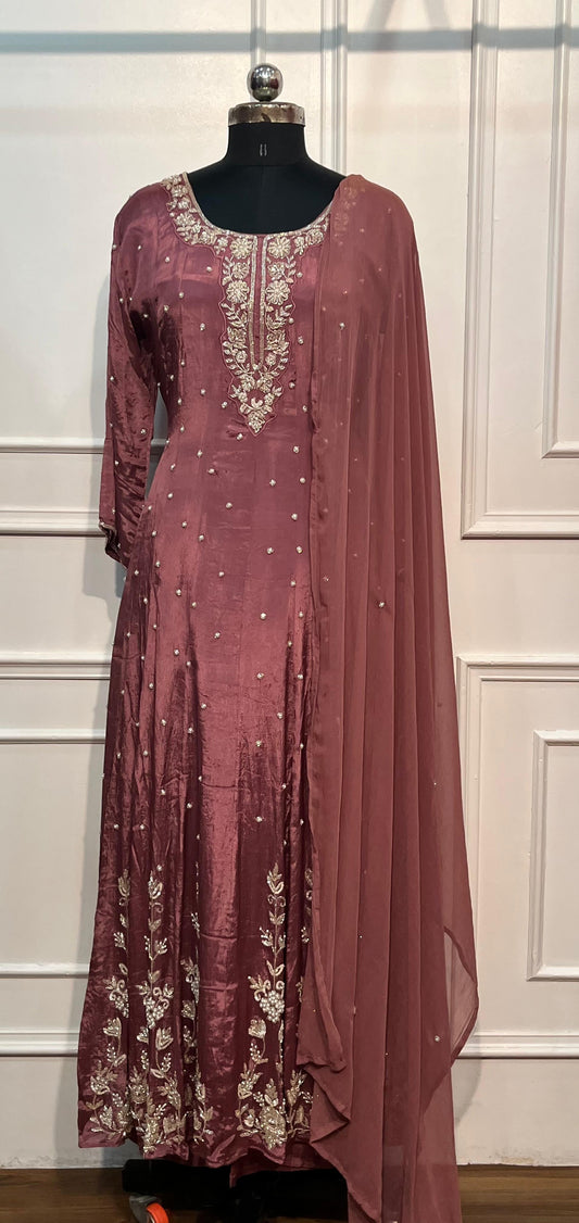 Rosewood Royale – Premium Chinon Anarkali 3 Piece Suit Set (RT1129)
