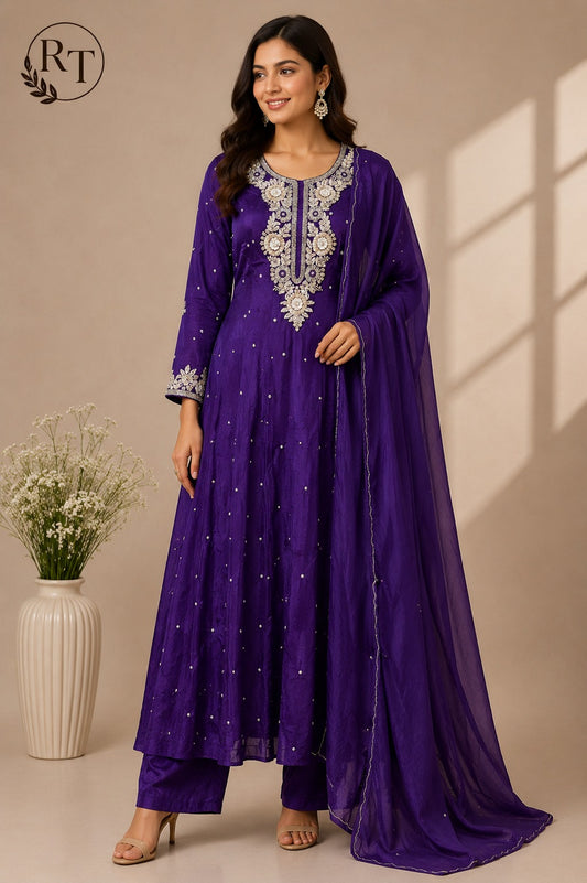 Majestic Violet – Premium Chinon Anarkali 3 Piece Suit Set (RT1133)