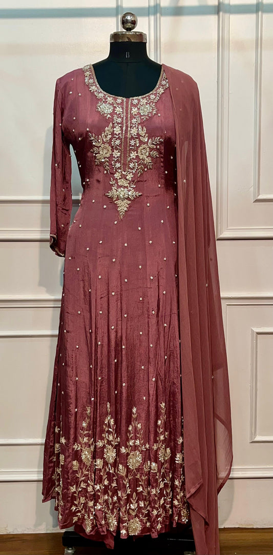Vintage Rose Royale – Premium Chinon Anarkali 3 Piece Suit Set (RT1134)