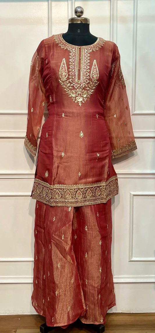 Rust Rose Crushed Shimmer Embroidered Suit Set (XL)