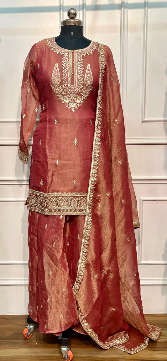 Rust Rose Crushed Shimmer Embroidered Suit Set (XL)