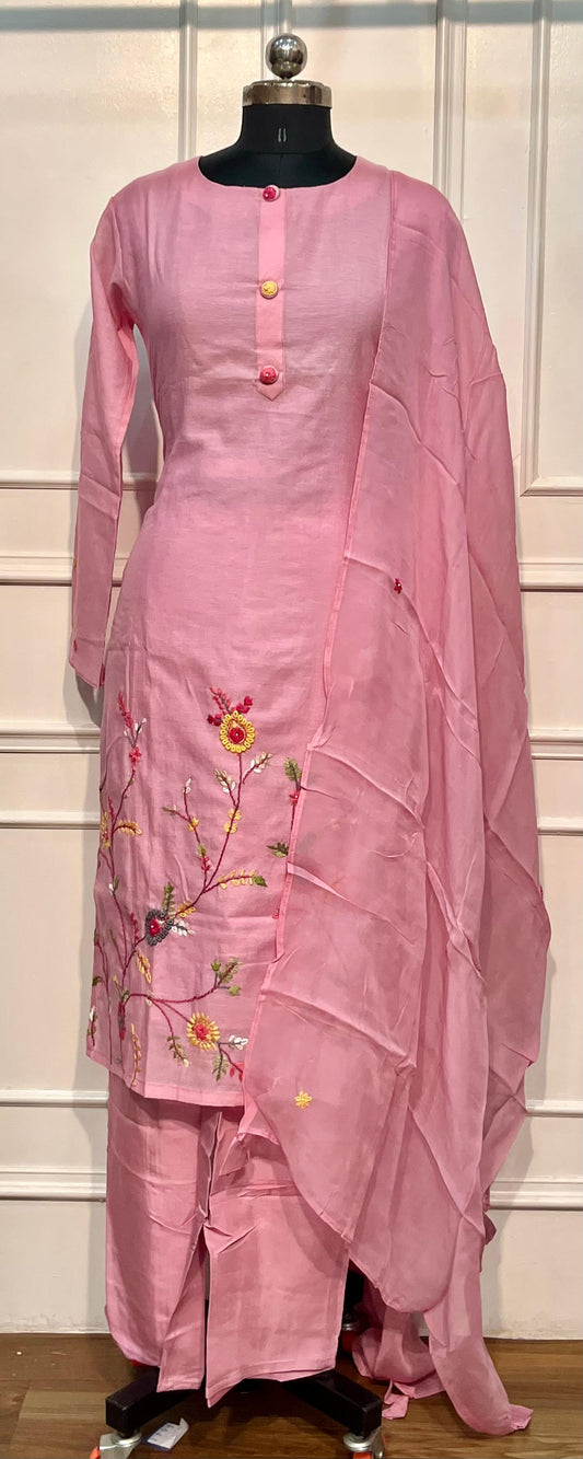 Blush Pink Mull Chanderi Embroidered Suit Set (L)