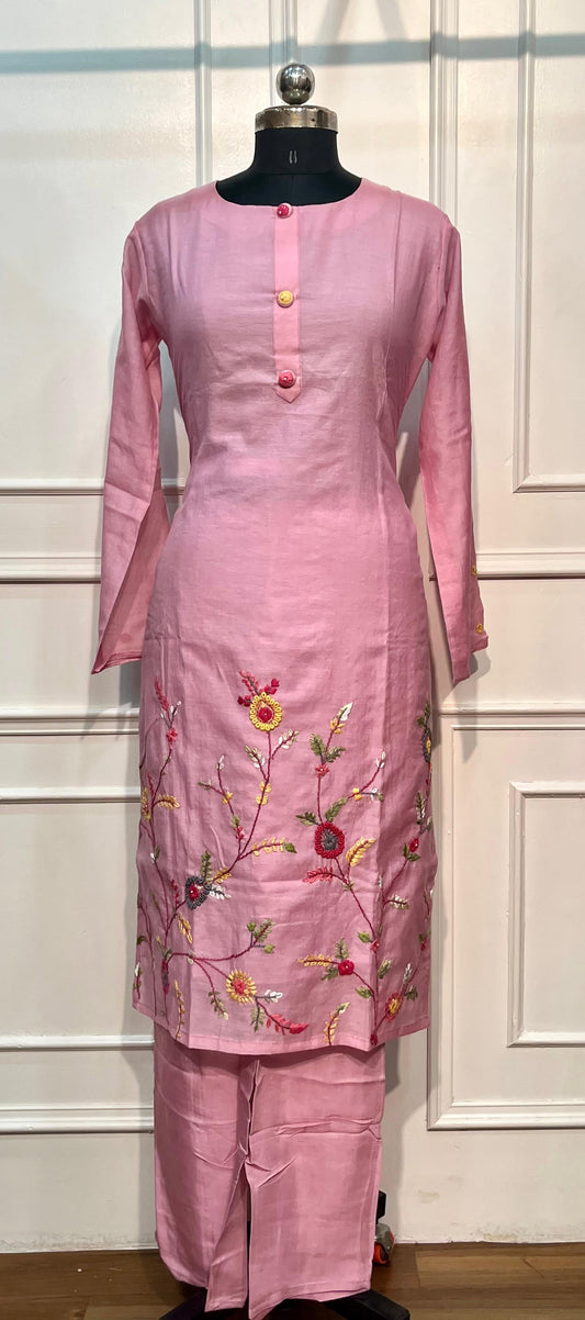 Blush Pink Mull Chanderi Embroidered Suit Set (L)