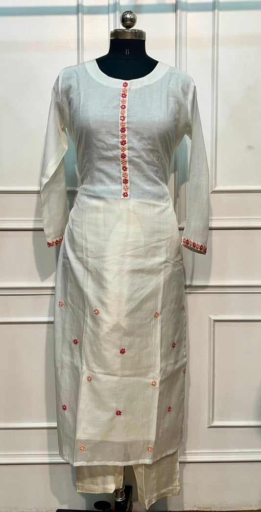 Ivory Floral Embroidered Chanderi Suit Set (L)