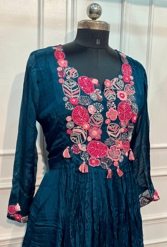 Navy Blue Embroidered Chinon Empire Suit Set (L, XL,XXL)
