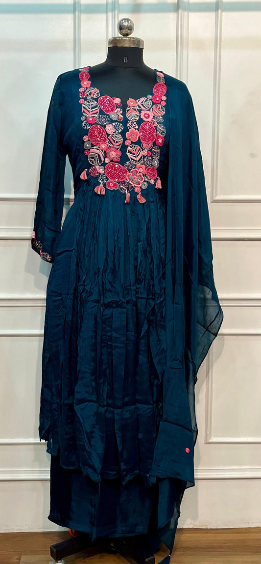 Navy Blue Embroidered Chinon Empire Suit Set (L, XL,XXL)
