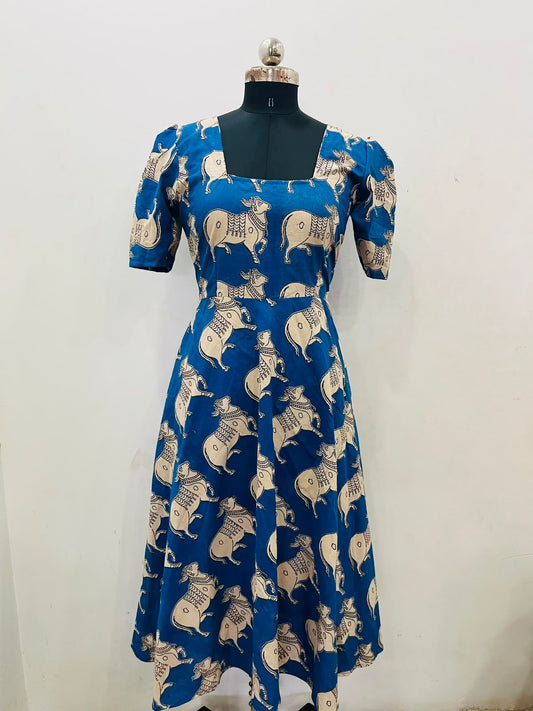 Royal Indigo Kalamkari Cotton Dress (RT1144)
