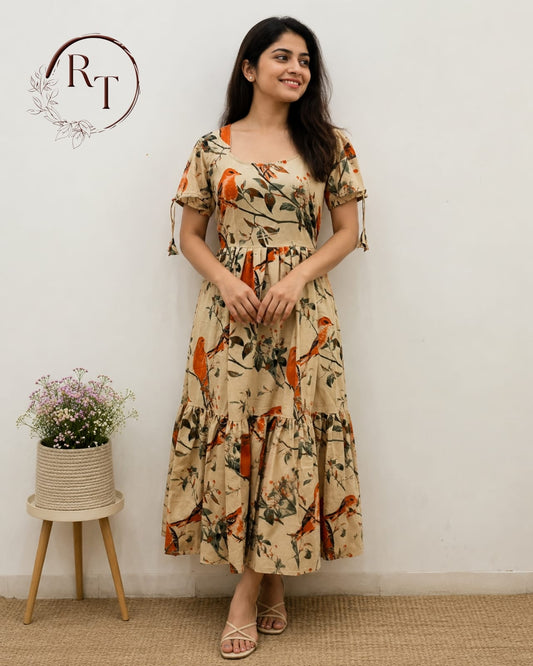 Rust Bird Cotton Kalamkari Dress (RT1145)