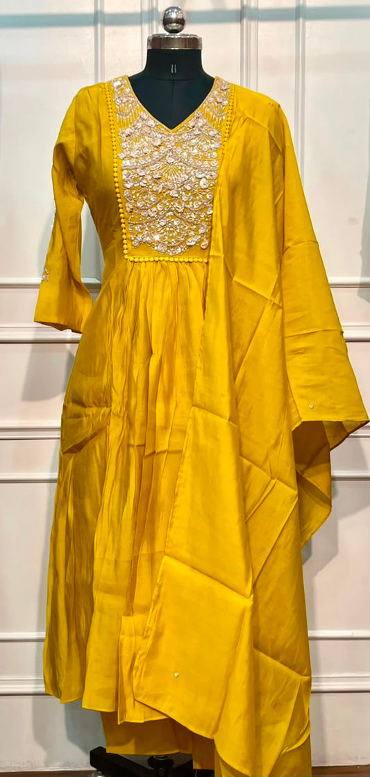 Golden Radiance Mull Chanderi Embroidered Anarkali Suit Set (RT1152)