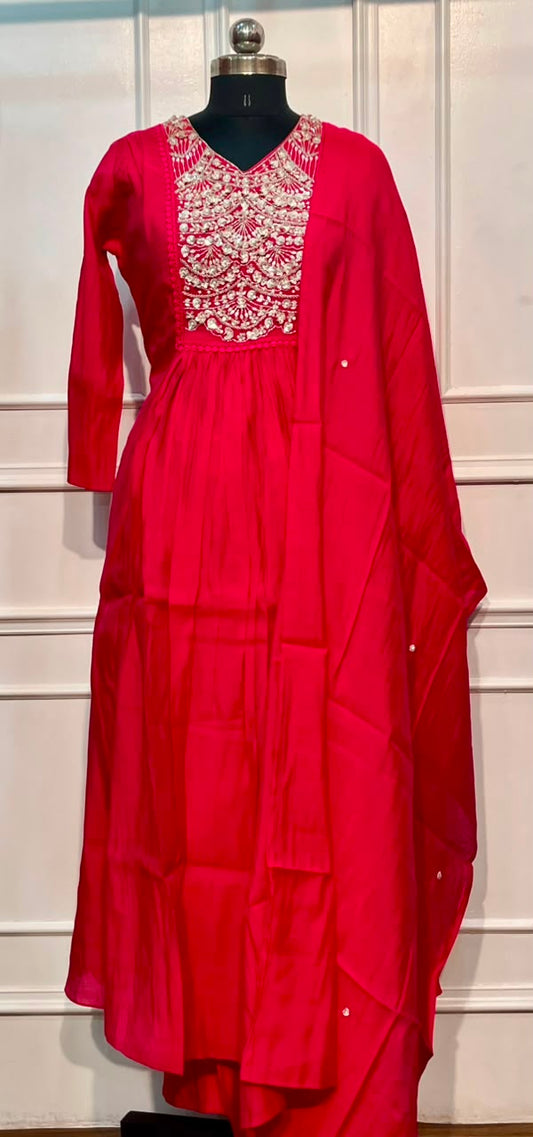 Crimson Royale Mull Chanderi Embroidered Anarkali Suit Set (RT1150)