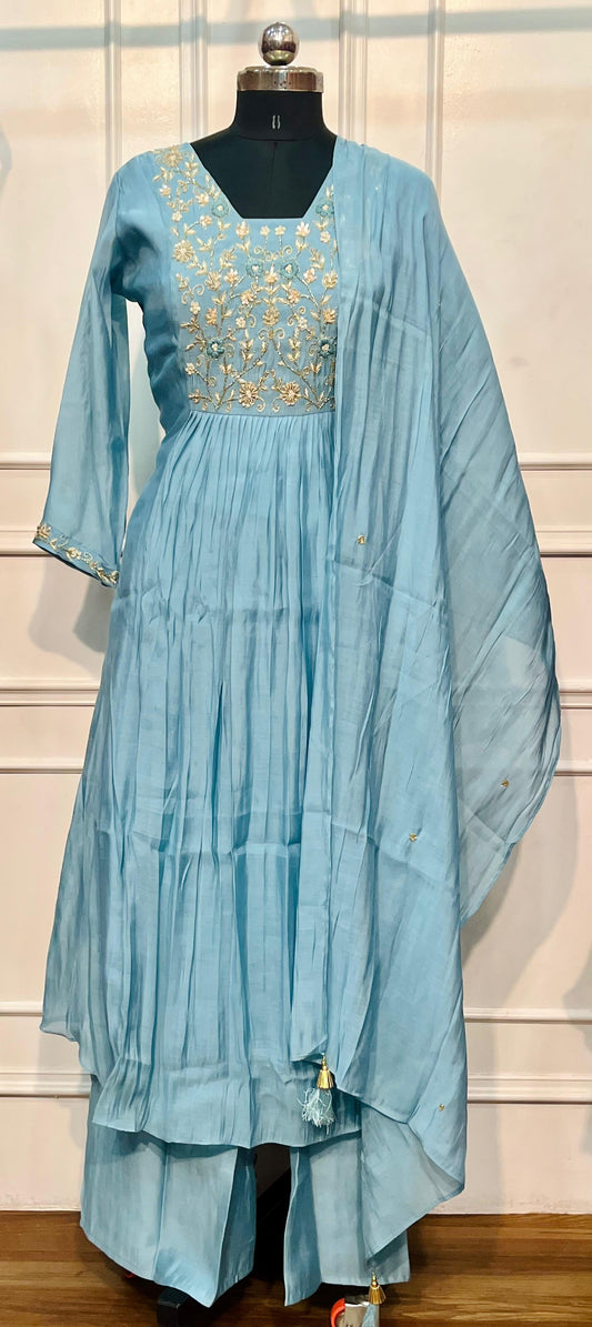 Serene Azure Premium Mull Chanderi A-Line 3 Piece Suit Set (RT1155)