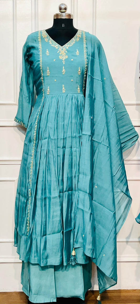 Skyline Bloom Premium Mull Chanderi A-Line Suit Set (RT1166)