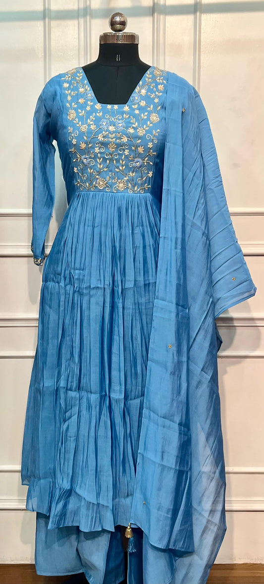 Blue Horizon Premium Mull Chanderi A-Line 3 Piece Suit Set (RT1158)