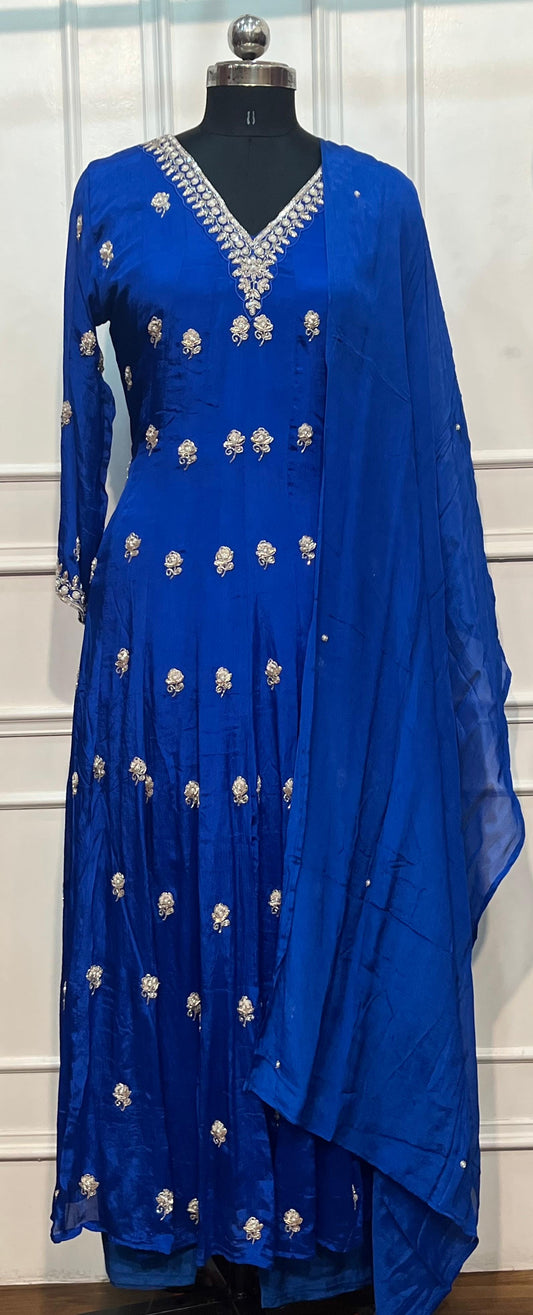 Royal Blue Embroidered Chinon Anarkali Suit Set (RT1168)