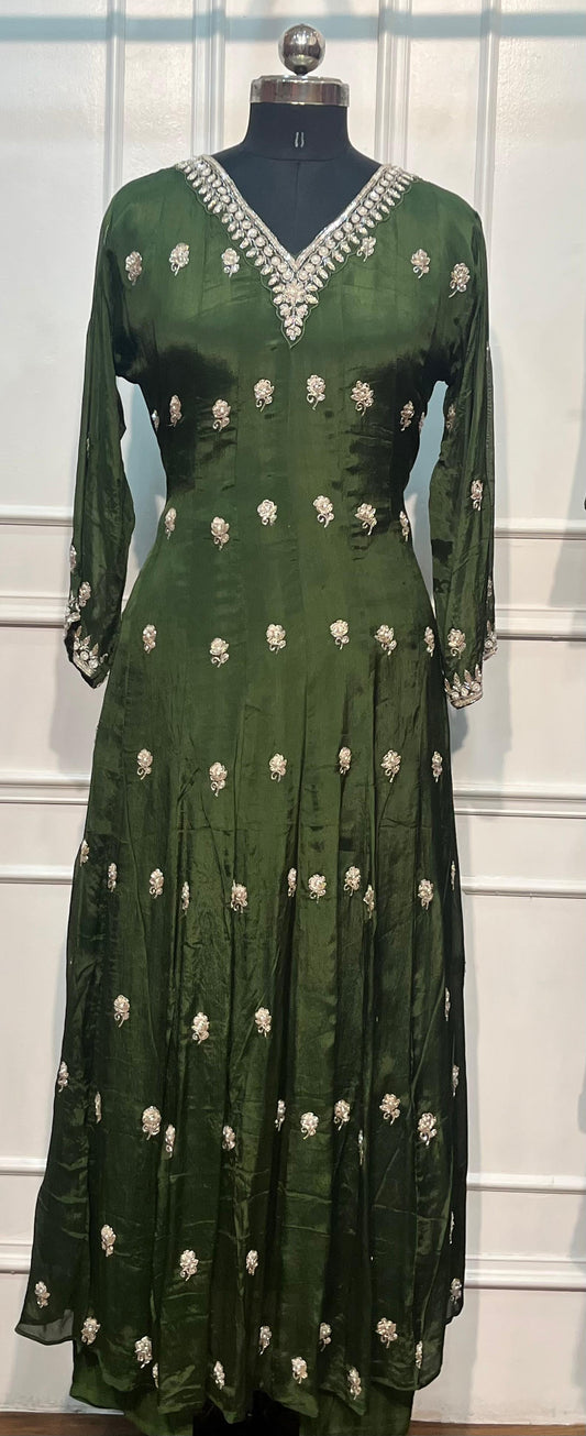 Olive Green Embroidered Chinon Anarkali Suit Set (RT1169)