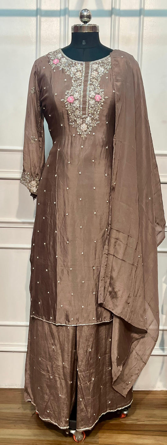 Coffee Pearl Chinon Embroidered Sharara Set (RT1170)