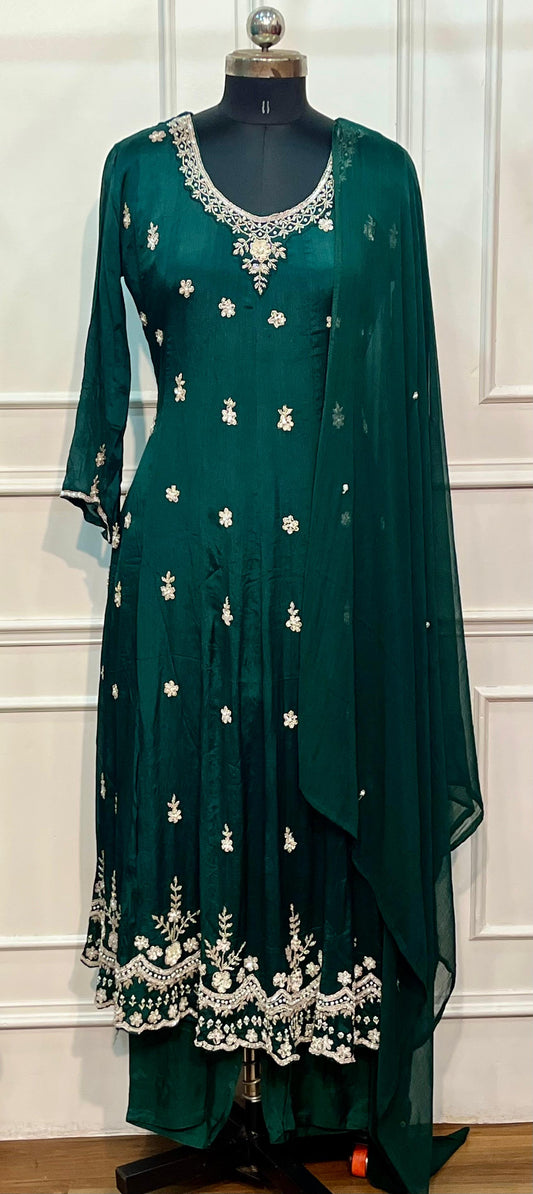 Royal Emerald Embroidered Chinon Anarkali Set (RT1172)